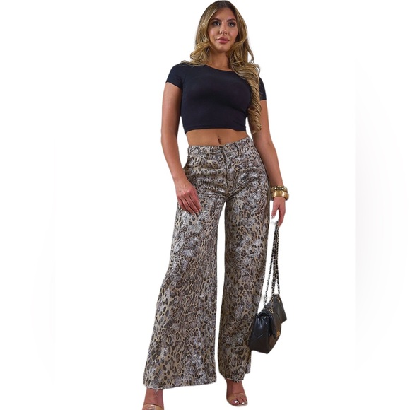 ITOO MOCHA Brown, Tab, Silver Metallic Leopard Wide Leg Pant - Picture 11 of 11